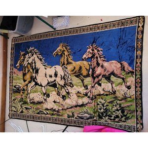 Vtg MCM Running Horses Tapestry Wall Hanging Decor Rug 72"x47” Mustang Vivid